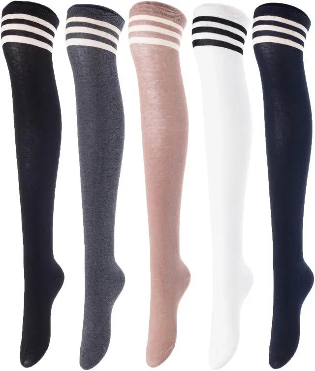 Main image of Lovely Annie Big Girls Womens 5Pairs Incredible Durable Super Soft Unique Over Knee High Thigh High Cotton Socks Size 6-9 A1022(Blk,G,Kaki,Wite,Nvy)