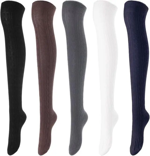 Main image of Lovely Annie Women's 5 Pairs Incredible Durable Super Soft Unique Over Knee High Thigh High Cotton Socks Size 6-9 A1024(Black,Coffee,DG,Cream,Navy)