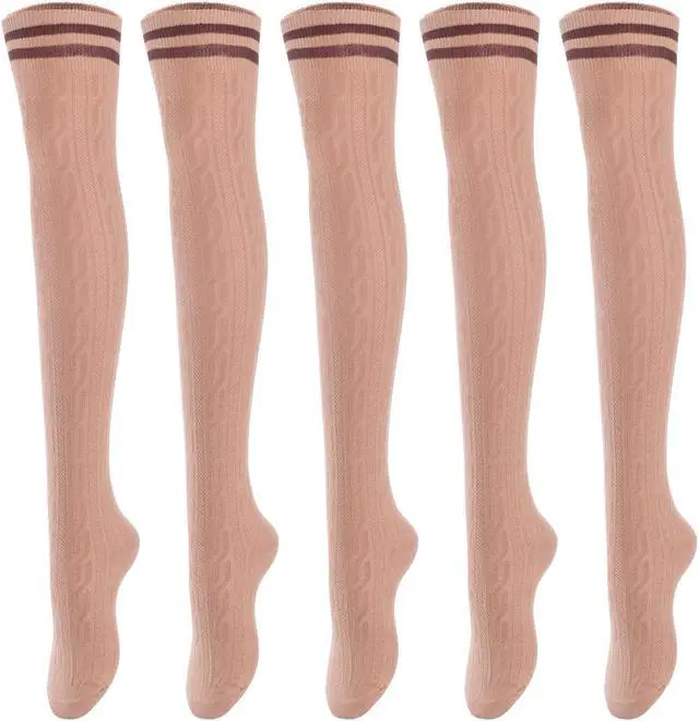 Main image of Lovely Annie Big Girl's Women's 5 Pairs Incredible Durable Super Soft Unique Over Knee High Thigh High Cotton Socks Size 6-9 A1023(Khaki)