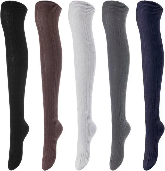 Main image of Lovely Annie Women's 5 Pairs Incredible Durable Super Soft Unique Over Knee High Thigh High Cotton Socks Size 6-9 A1024(Black,Coffee,Grey,DG,Navy)