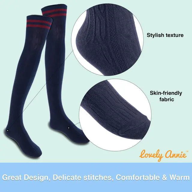 Alt view image 3 of 7 - Lovely Annie Women's 3 Pairs Incredible Durable Super Soft Unique Over Knee High Thigh High Cotton Socks Size 6-9 A1023(Navy)