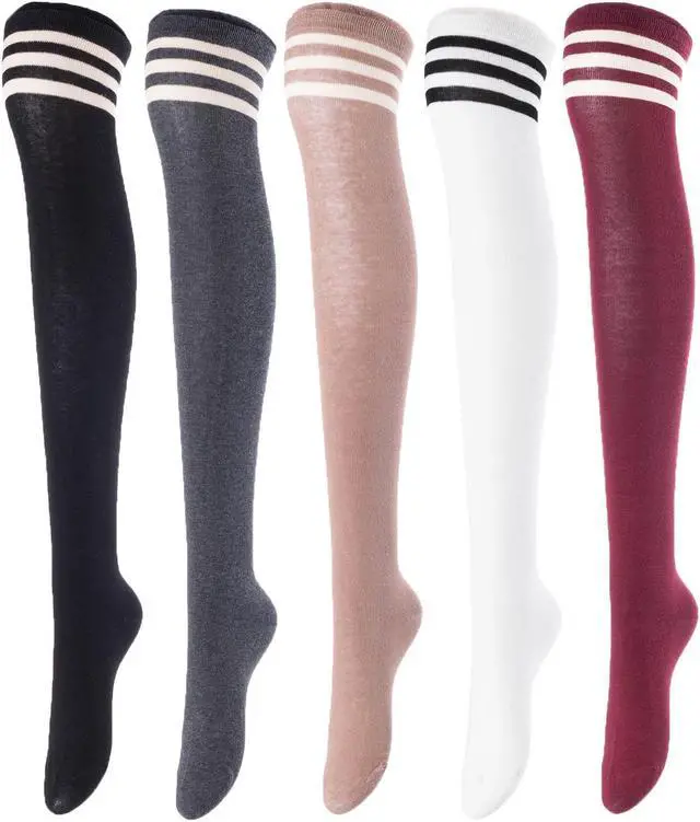 Main image of Lovely Annie Women's 5 Pairs Incredible Durable Super Soft Unique Over Knee High Thigh High Cotton Socks Size 6-9 A1022(Black,DG,Khaki,White,Wine)