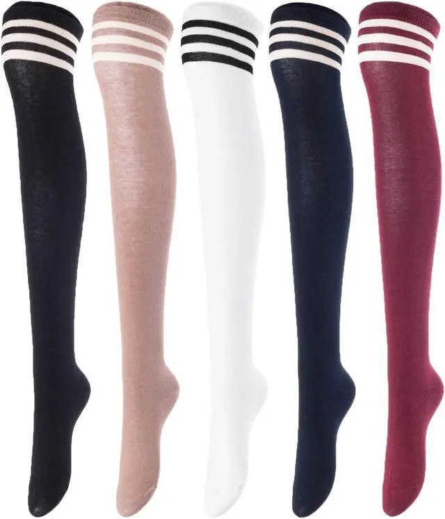 Main image of Lovely Annie Big Girls Womens 5Pairs Incredible Durable Super Soft Unique Over Knee High Thigh High Cotton Socks Size 6-9 A1022(Blk,Kaki,Wite,Nvy,Wine)