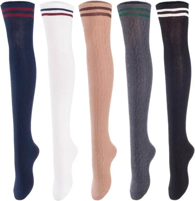 Main image of Lovely Annie Women's 5 Pairs Incredible Durable Super Soft Unique Over Knee High Thigh High Cotton Socks Size 6-9 A1023(Bcklk,DG,Khaki,White,Navy)