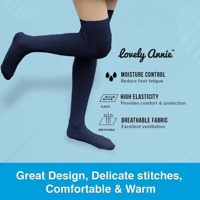 Alt view image 4 of 4 - Lovely Annie Women's 3 Pairs Incredible Durable Super Soft Unique Over Knee High Thigh High Cotton Socks Size 6-9 A1024(Navy)