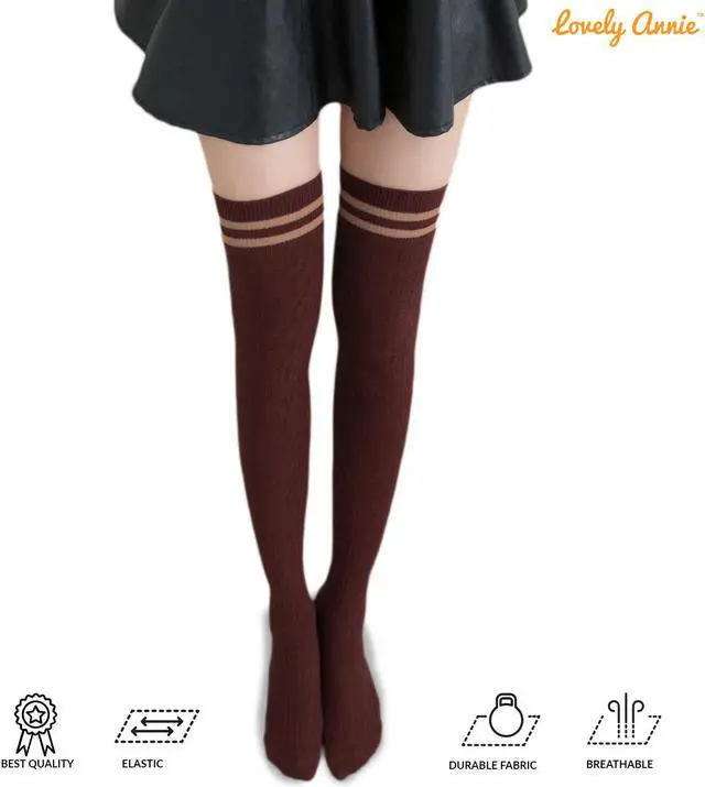 Alt view image 6 of 7 - Lovely Annie Big Girl's Women's 3 Pairs Incredible Durable Super Soft Unique Over Knee High Thigh High Cotton Socks Size 6-9 A1023(Black,Coffee,Wine)