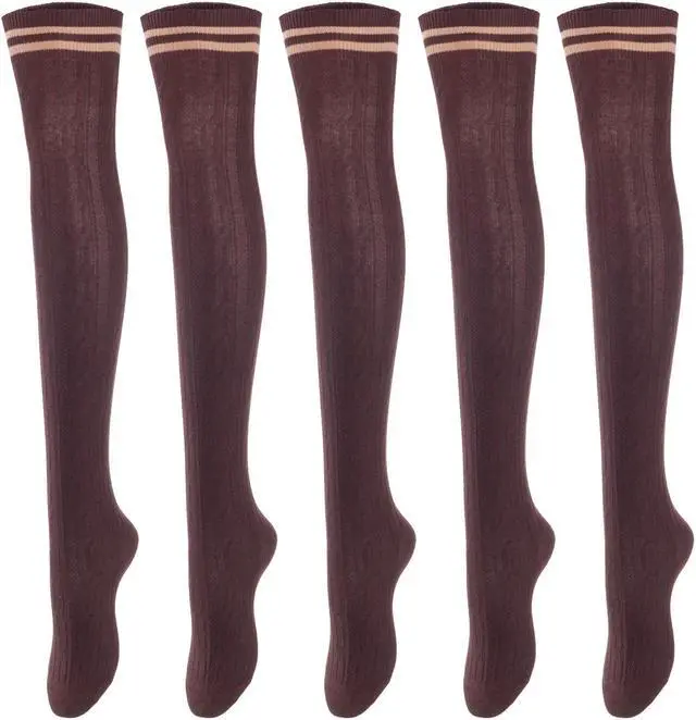 Main image of Lovely Annie Big Girl's Women's 5 Pairs Incredible Durable Super Soft Unique Over Knee High Thigh High Cotton Socks Size 6-9 A1023(Coffee)