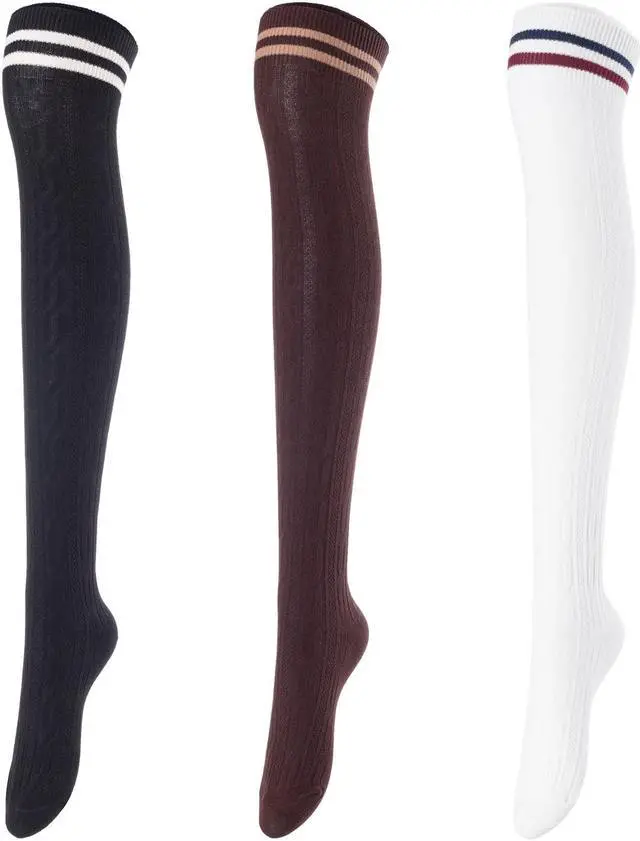 Main image of Lovely Annie Women's 3 Pairs Incredible Durable Super Soft Unique Over Knee High Thigh High Cotton Socks Size 6-9 A1023(Black,Coffee,White)