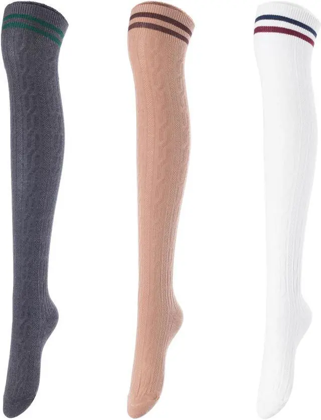 Main image of Lovely Annie Big Girl's Women's 3 Pairs Incredible Durable Super Soft Unique Over Knee High Thigh High Cotton Socks Size 6-9 A1023(DG,Kakhi,White)