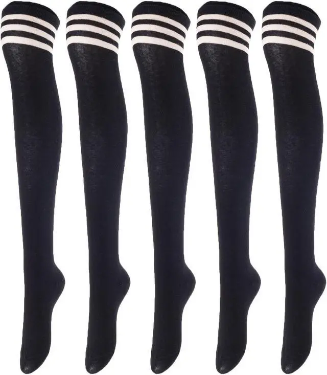 Main image of Lovely Annie Big Girl's Women's 5 Pairs Incredible Durable Super Soft Unique Over Knee High Thigh High Cotton Socks Size 6-9 A1022(Black)