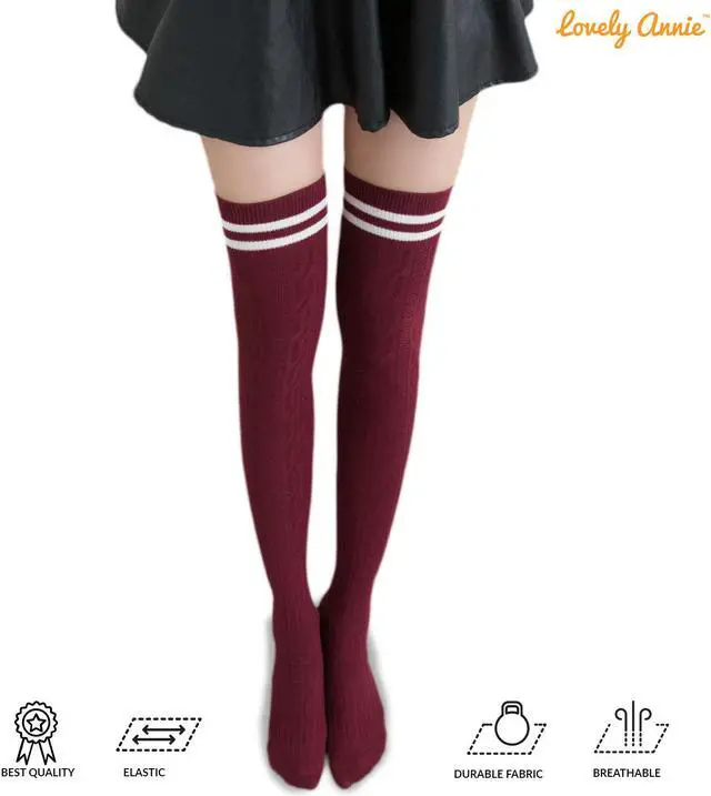 Alt view image 4 of 6 - Lovely Annie Big Girl's Women's 3 Pairs Incredible Durable Super Soft Unique Over Knee High Thigh High Cotton Socks Size 6-9 A1023(Wine)