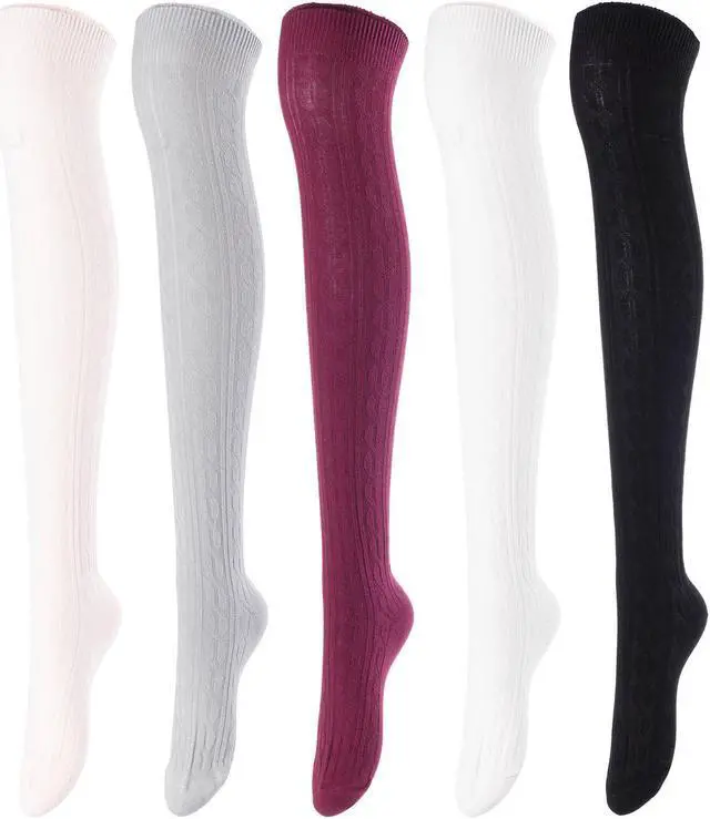 Main image of Lovely Annie Women's 5 Pairs Incredible Durable Super Soft Unique Over Knee High Thigh High Cotton Socks Size 6-9 A1024(Beige,LG,Wine,Cream,Black)