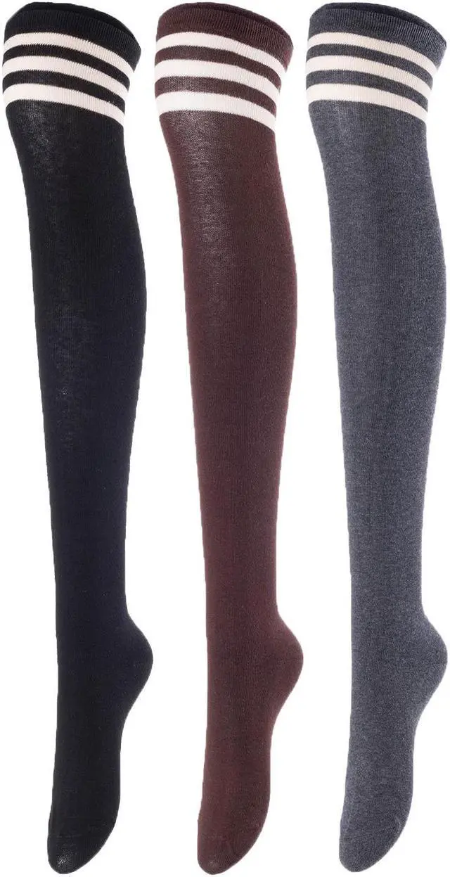 Main image of Lovely Annie Big Girl's Women's 3 Pairs Incredible Durable Super Soft Unique Over Knee High Thigh High Cotton Socks Size 6-9 A1022(Blk,Cofe,DG)