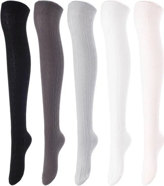 Main image of Lovely Annie Women's 5 Pairs Incredible Durable Super Soft Unique Over Knee High Thigh High Cotton Socks Size 6-9 A1024(Black,DG,Grey,Cream,Beige)