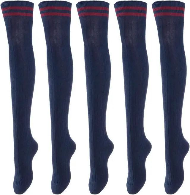 Main image of Lovely Annie Big Girl's Women's 5 Pairs Incredible Durable Super Soft Unique Over Knee High Thigh High Cotton Socks Size 6-9 A1023(Navy)