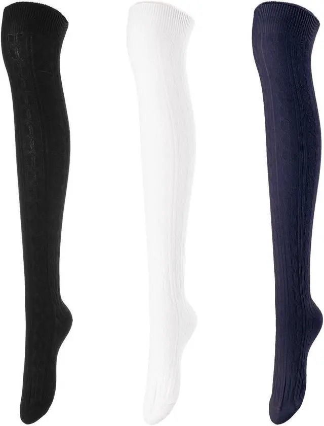 Main image of Lovely Annie Women's 3 Pairs Incredible Durable Super Soft Unique Over Knee High Thigh High Cotton Socks Size 6-9 A1024 (Black,Cream,Navy)