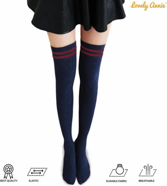 Alt view image 7 of 7 - Lovely Annie Big Girl's Women's 3 Pairs Incredible Durable Super Soft Unique Over Knee High Thigh High Cotton Socks Size 6-9 A1023(Black,Kakhi,Navy)