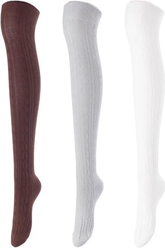 Main image of Lovely Annie Women's 3 Pairs Incredible Durable Super Soft Unique Over Knee High Thigh High Cotton Socks Size 6-9 A1024(Coffee,Grey,Cream)