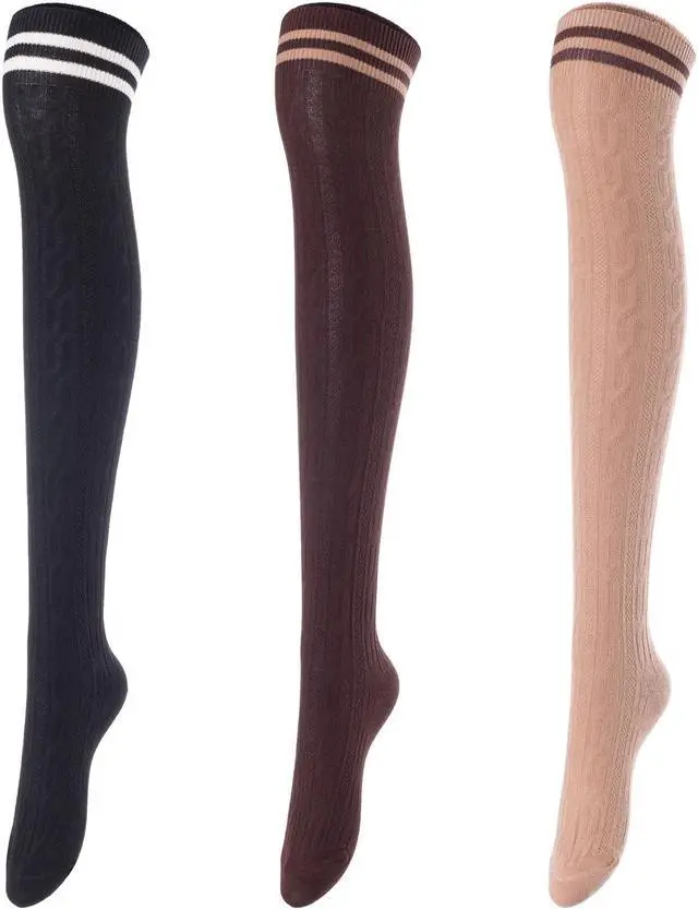 Main image of Lovely Annie Big Girl's Women's 3 Pairs Incredible Durable Super Soft Unique Over Knee High Thigh High Cotton Socks Size 6-9 A1023(Blk,Cofe,Khaki)