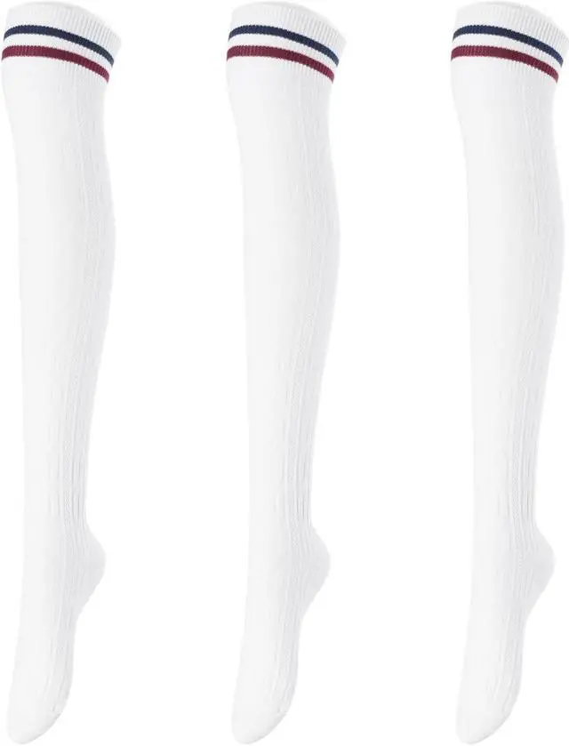 Main image of Lovely Annie Big Girl's Women's 3 Pairs Incredible Durable Super Soft Unique Over Knee High Thigh High Cotton Socks Size 6-9 A1023(White)