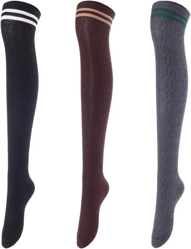 Main image of Lovely Annie Big Girl's Women's 3 Pairs Incredible Durable Super Soft Unique Over Knee High Thigh High Cotton Socks Size 6-9 A1023(Blk,Coff,DG)