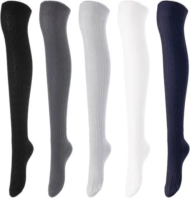 Main image of Lovely Annie Women's 5 Pairs Incredible Durable Super Soft Unique Over Knee High Thigh High Cotton Socks Size 6-9 A1024(Black,DG,Grey,Cream,Navy)