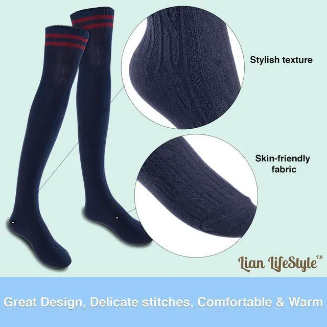 Alt view image 3 of 5 - Lian LifeStyle Women's 5 Pairs Adorable Comfortable Soft Thigh High Over Knee High Cotton Socks Size 6-9 L1023(Navy)