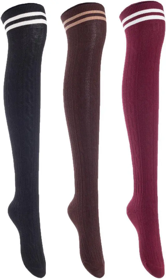 Main image of Lian LifeStyle Exquisite Big Girl's Women's 3 Pairs Thigh High Cotton Socks. Super Comfortable Female Socks in Vibrant Colors Size 6-9 L1023(Black,Coffee,Wine)