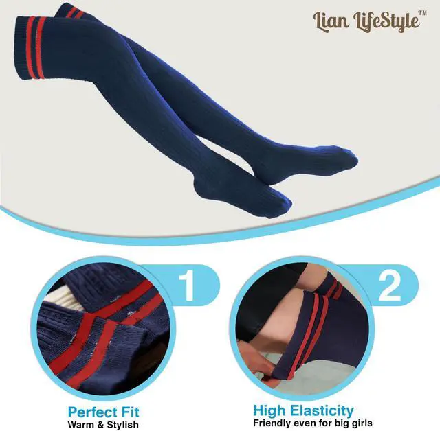 Alt view image 5 of 5 - Lian LifeStyle Women's 5 Pairs Adorable Comfortable Soft Thigh High Over Knee High Cotton Socks Size 6-9 L1023(Navy)