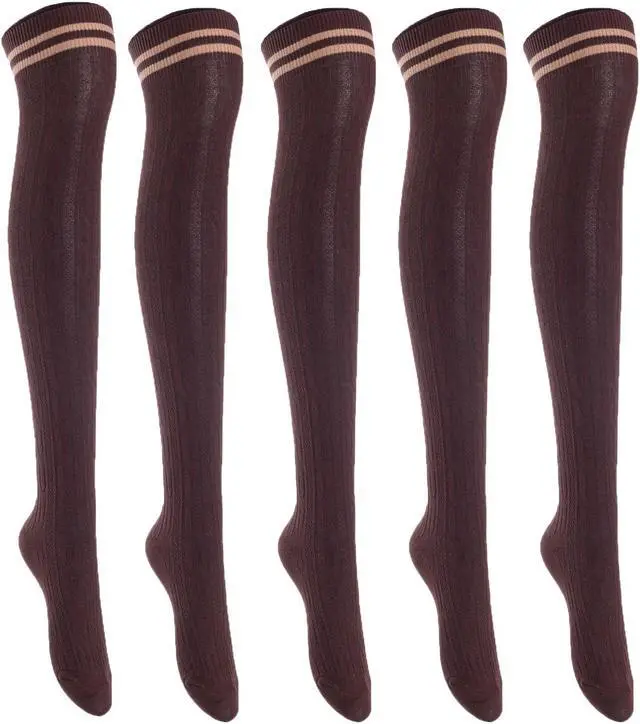 Main image of Lian LifeStyle Women's 5 Pairs Adorable Comfortable Soft Thigh High Over Knee High Cotton Socks Size 6-9 L1023(Coffee)