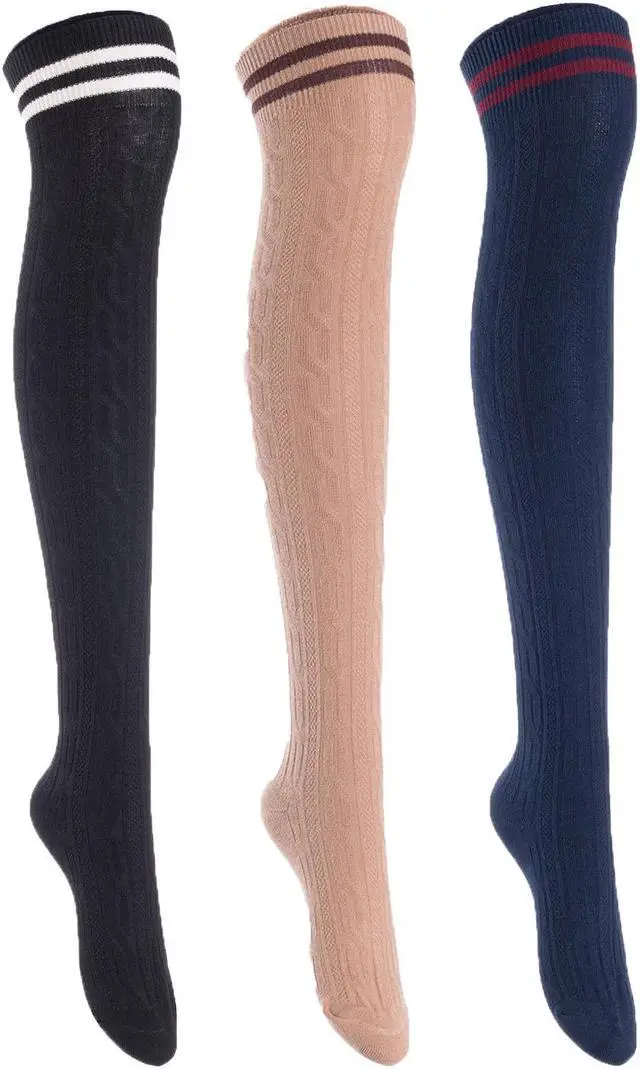 Main image of Lian LifeStyle Exquisite Big Girl's Women's 3 Pairs Thigh High Cotton Socks. Super Comfortable Female Socks in Vibrant Colors Size 6-9 L1023(Black,Kakhi,Navy)