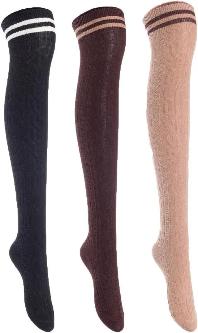 Main image of Lian LifeStyle Exquisite Big Girl's Women's 3 Pairs Thigh High Cotton Socks. Super Comfortable Female Socks in Vibrant Colors Size 6-9 L1023(Blk,Cofe,Khaki)
