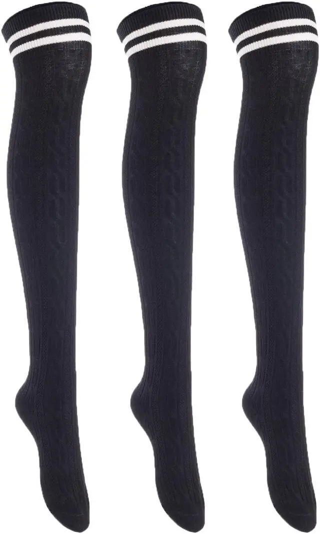 Main image of Lian LifeStyle Exquisite Big Girl's Women's 3 Pairs Thigh High Cotton Socks. Super Comfortable Female Socks in Vibrant Colors Size 6-9 L1023(Black)
