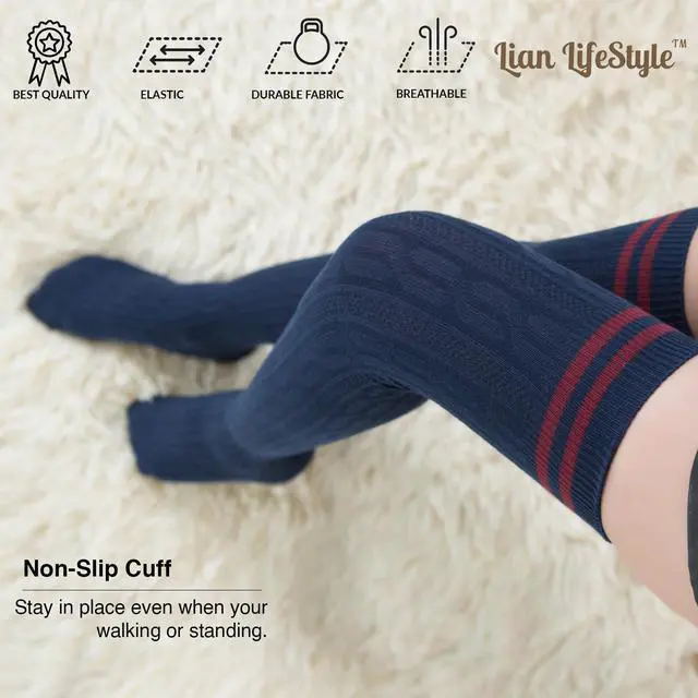 Alt view image 4 of 5 - Lian LifeStyle Women's 5 Pairs Adorable Comfortable Soft Thigh High Over Knee High Cotton Socks Size 6-9 L1023(Navy)