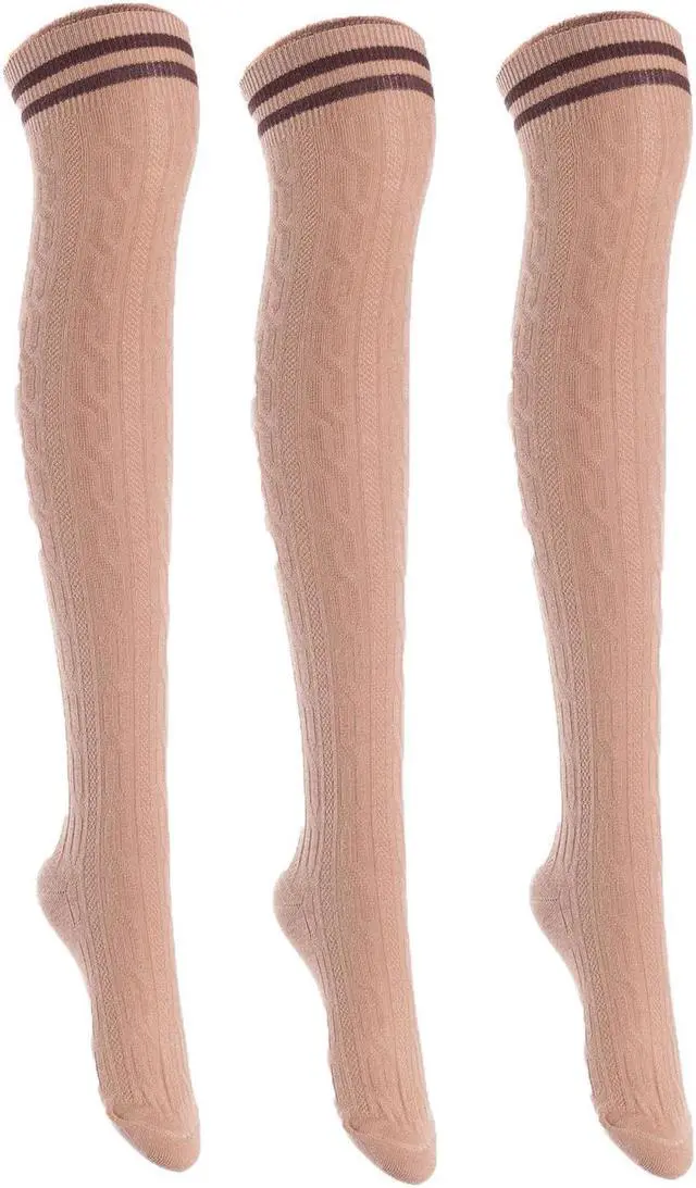 Main image of Lian LifeStyle Exquisite Big Girl's Women's 3 Pairs Thigh High Cotton Socks. Super Comfortable Female Socks in Vibrant Colors Size 6-9 L1023(Khaki)