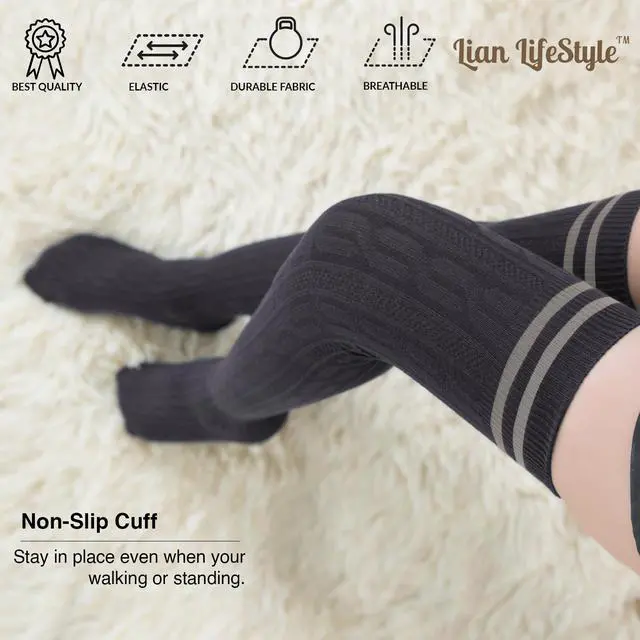 Alt view image 5 of 7 - Lian LifeStyle Exquisite Big Girl's Women's 3 Pairs Thigh High Cotton Socks. Super Comfortable Female Socks in Vibrant Colors Size 6-9 L1023(Black,Coffee,Wine)