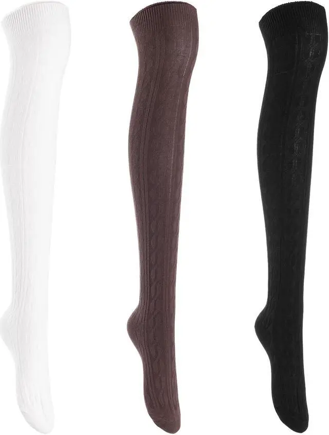 Main image of Lian LifeStyle Women's 3 Pairs Adorable Comfortable Soft Thigh High Over Knee High Cotton Socks Size 6-9 L1024(Black,Coffee,Cream)