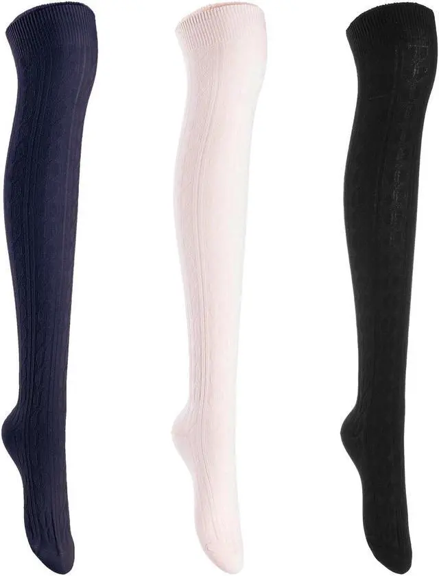 Main image of Lian LifeStyle Women's 3 Pairs Adorable Comfortable Soft Thigh High Over Knee High Cotton Socks Size 6-9 L1024 (Black,Beige,Navy)