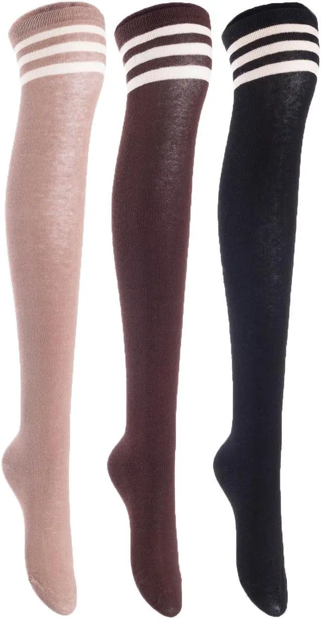 Main image of Lian LifeStyle Women's 3 Pairs Adorable Comfortable Soft Thigh High Over Knee High Cotton Socks Size 6-9 L1022(Black, Coffee, Khaki)