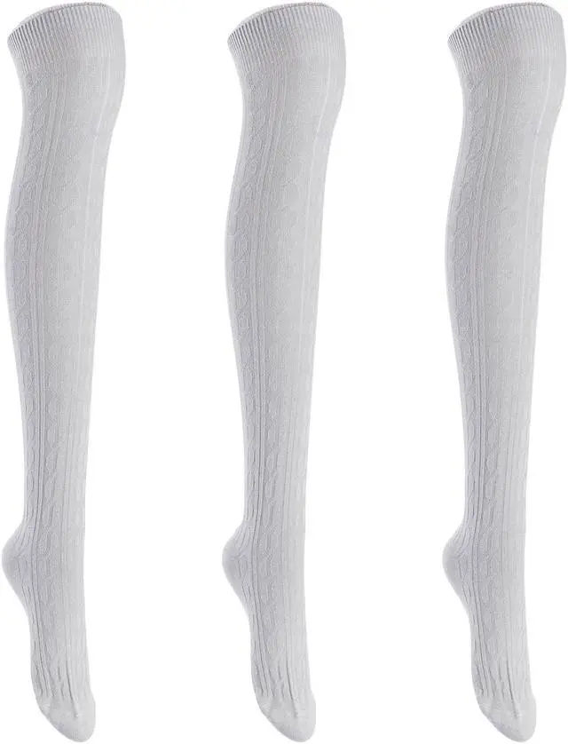 Main image of Lian LifeStyle Exquisite Big Girl's Women's 3 Pairs Thigh High Cotton Socks. Super Comfortable Female Socks in Vibrant Colors 6-9 L1024(Light Grey)