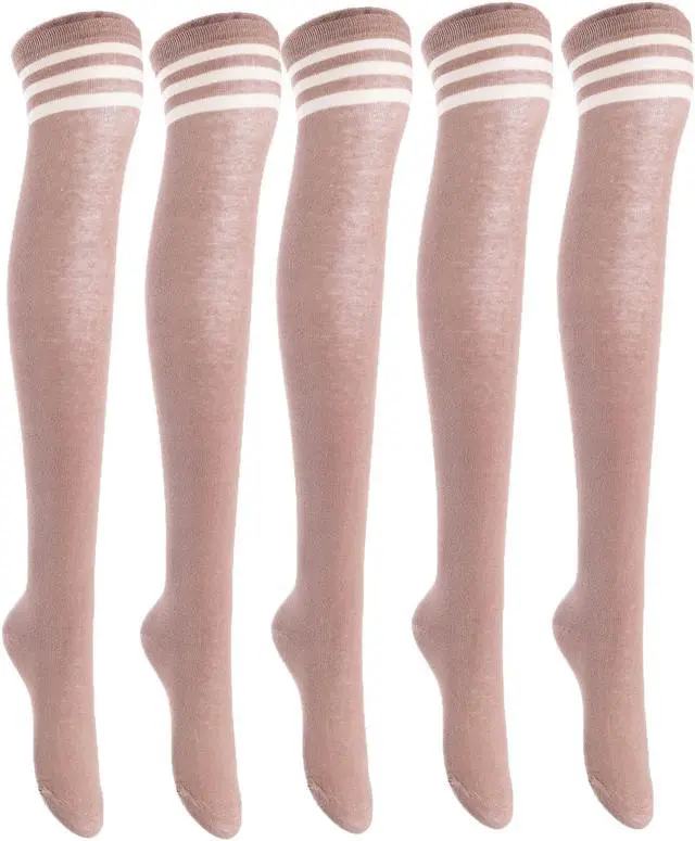 Main image of Lian LifeStyle Women's 5 Pairs Adorable Comfortable Soft Thigh High Over Knee High Cotton Socks Size 6-9 L1022(Khaki)