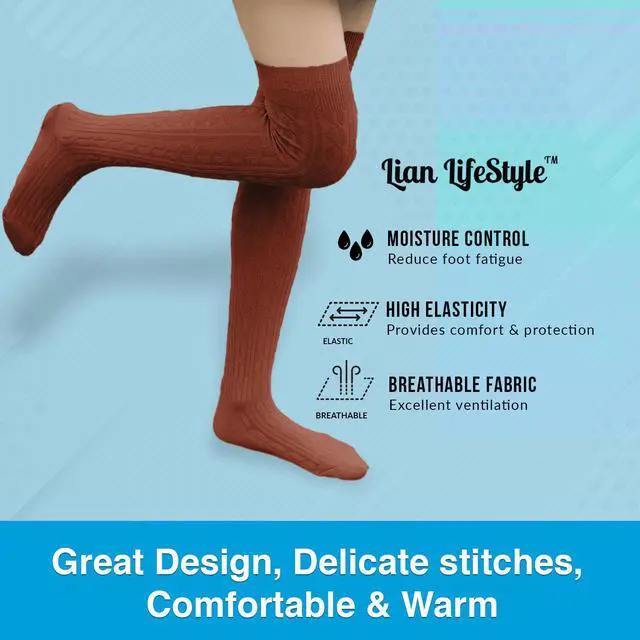 Alt view image 4 of 4 - Lian LifeStyle Women's 3 Pairs Adorable Comfortable Soft Thigh High Over Knee High Cotton Socks Size 6-9 L1024(Coffee)