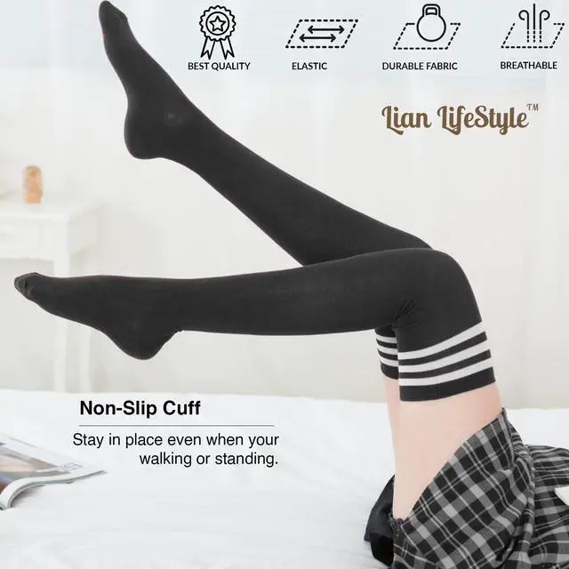 Alt view image 7 of 7 - Lian LifeStyle Women's 3 Pairs Adorable Comfortable Soft Thigh High Over Knee High Cotton Socks Size 6-9 L1022(Black, Coffee, Khaki)
