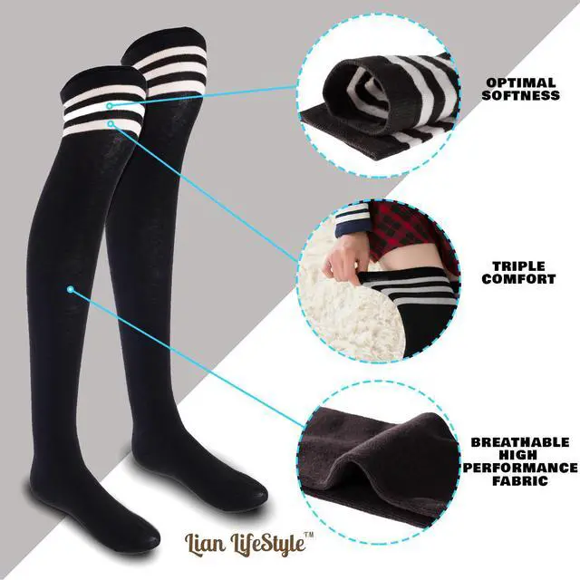 Alt view image 5 of 7 - Lian LifeStyle Women's 3 Pairs Adorable Comfortable Soft Thigh High Over Knee High Cotton Socks Size 6-9 L1022(Black, Coffee, Khaki)