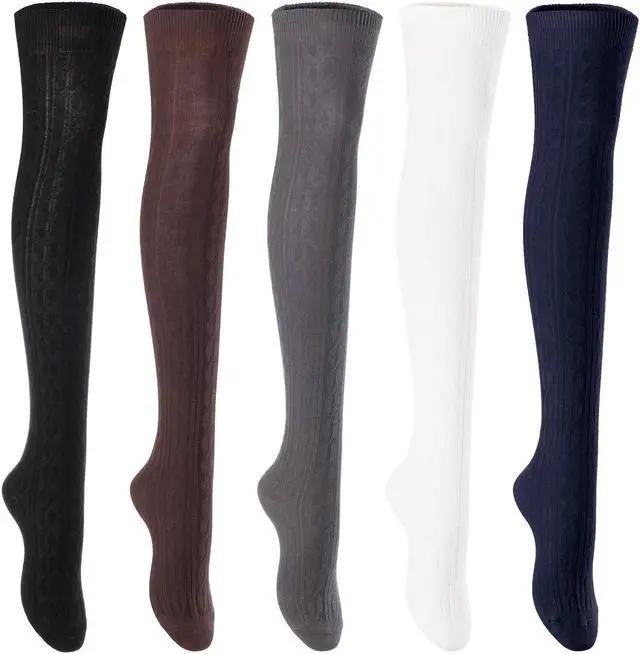 Main image of Lian LifeStyle Women's 5 Pairs Adorable Comfortable Soft Thigh High Over Knee High Cotton Socks Size 6-9 L1024(Black,Coffee,DG,Cream,Navy)