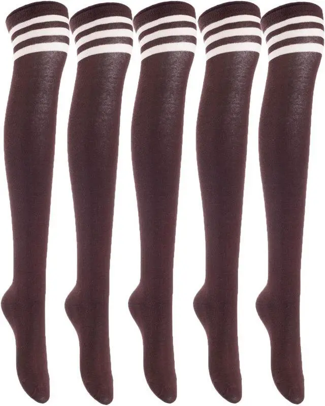 Main image of Lian LifeStyle Women's 5 Pairs Adorable Comfortable Soft Thigh High Over Knee High Cotton Socks Size 6-9 L1022(Coffee)