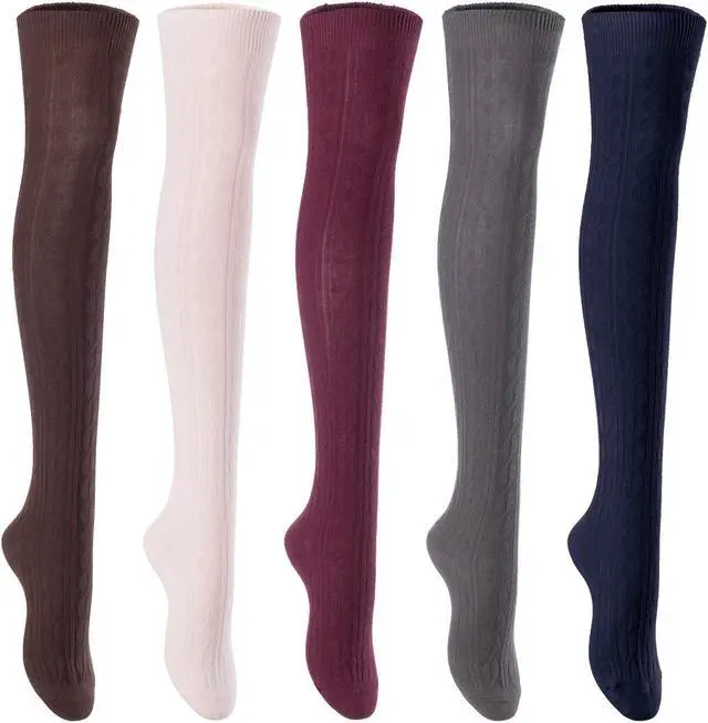 Main image of Lian LifeStyle Women's 5 Pairs Adorable Comfortable Soft Thigh High Over Knee High Cotton Socks Size 6-9 L1024(Coffee,Beige,Wine,DG,Navy)