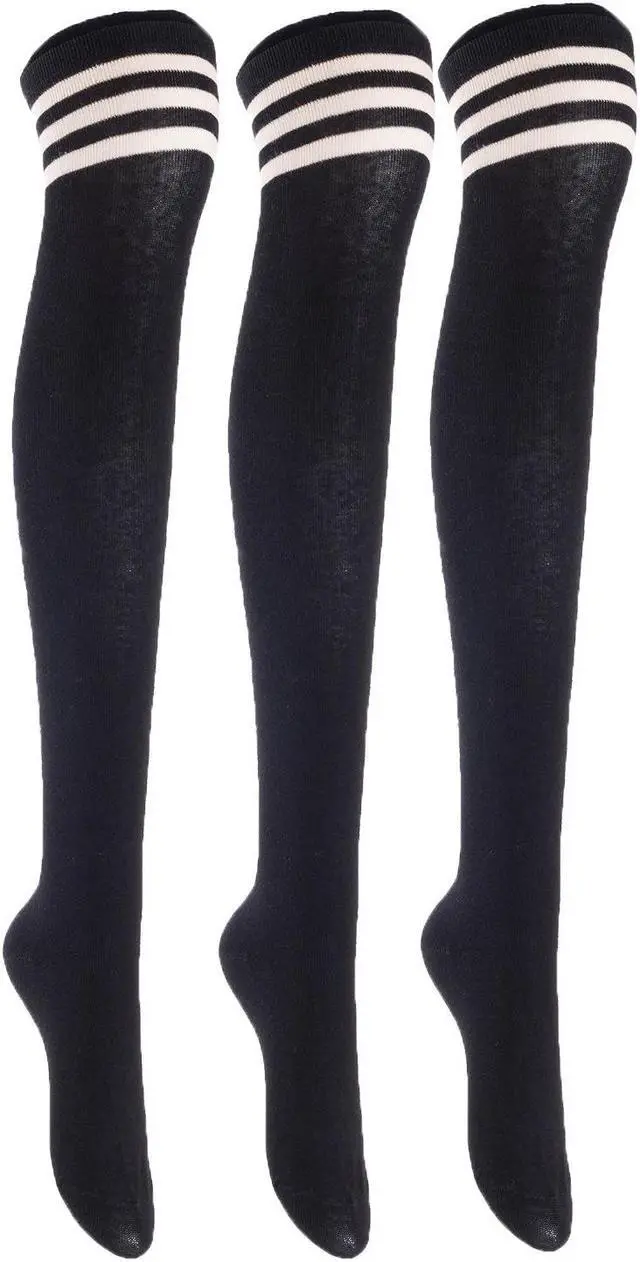 Main image of Lian LifeStyle Exquisite Big Girl's Women's 3 Pairs Super Comfortable Thigh High Cotton Socks in Vibrant Unique Colors Size 6-9 L1022(Black)