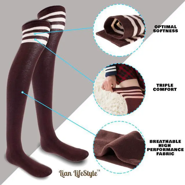 Alt view image 3 of 4 - Lian LifeStyle Women's 5 Pairs Adorable Comfortable Soft Thigh High Over Knee High Cotton Socks Size 6-9 L1022(Coffee)
