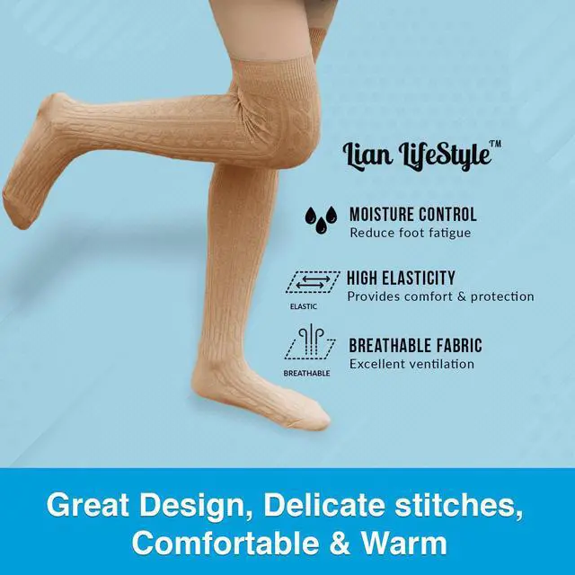 Alt view image 4 of 4 - Lian LifeStyle Exquisite Big Girl's Women's 3 Pairs Thigh High Cotton Socks. Super Comfortable Female Socks in Vibrant Colors 6-9 L1024(Beige)